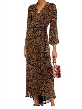 GANNI Brown Georgette Tiger Print Wrap Maxi Dress – Size‎ 38 (US 6)